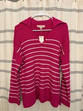 Philosophy Hot Pink & White Striped V-Neck Sweater
